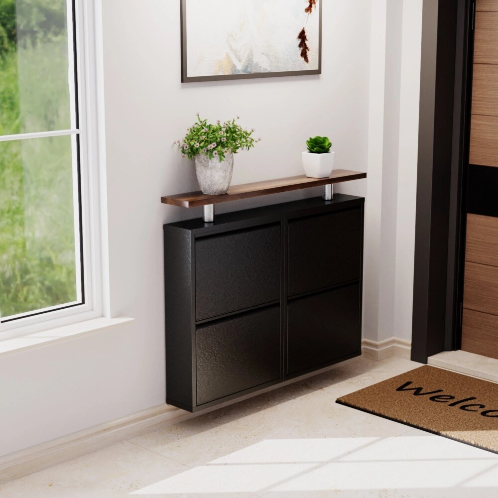Evdemo Raflı 4 Kapaklı Metal Ayakkabılık Siyah