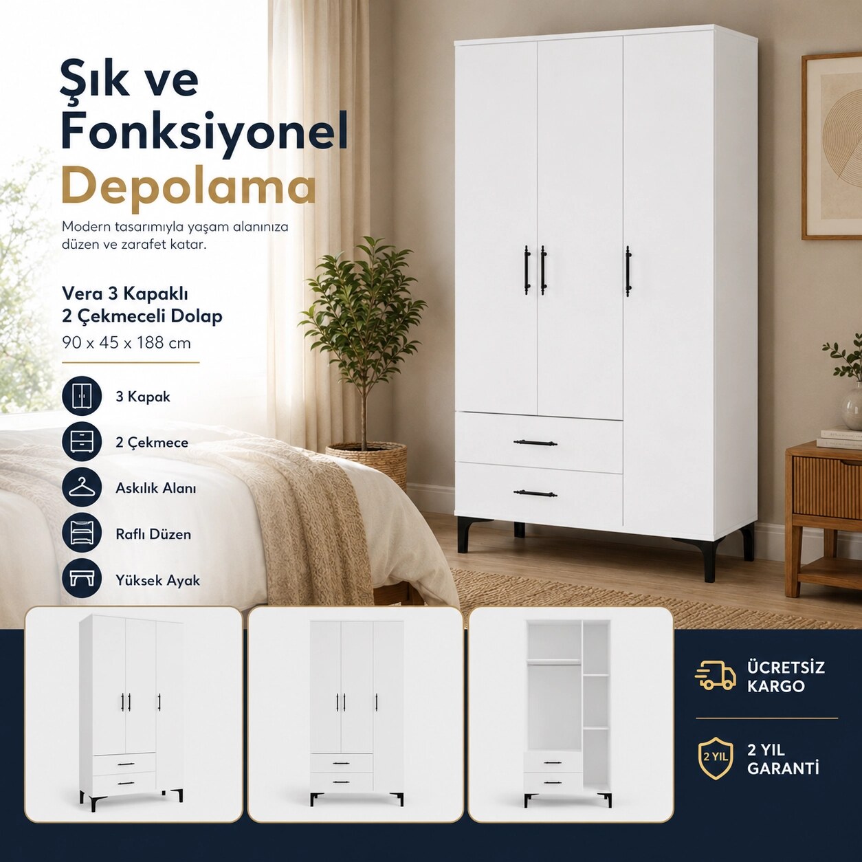 Garaj Home Vera 3 Kapaklı 2 Çekmeceli Dolap Beyaz