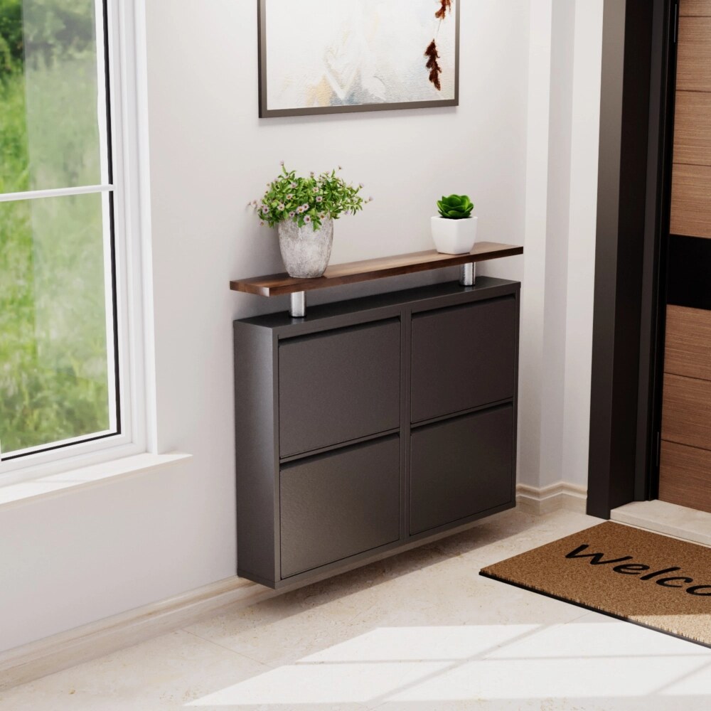 Evdemo Raflı 4 Kapaklı Metal Ayakkabılık Antrasit