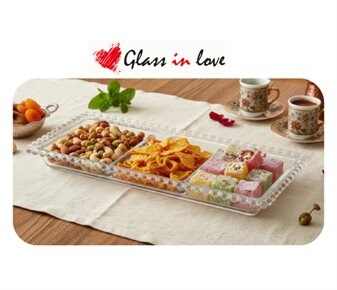 Glass in Love Boncuk Detaylı Bölmeli Cam Sunum Tabağı ~30x12,5 cm