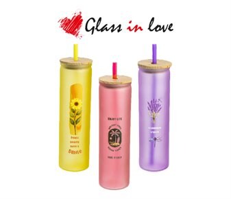 Glass in Love Renkli Desenli Bambu Kapaklı Pipetli Cam Bardak