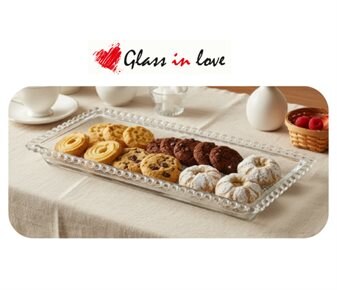 Glass in Love Boncuk Detaylı Cam Sunum Tabağı ~30x12,5 cm